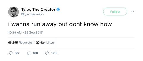 Tyler The Creator I wanna run away but don't know how tweet from Tee Tweets