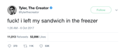 Tyler The Creator left sandwich in the freezer tweet from Tee Tweets