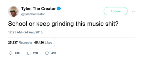 Tyler The Creator school or keep griding music tweet from Tee Tweets