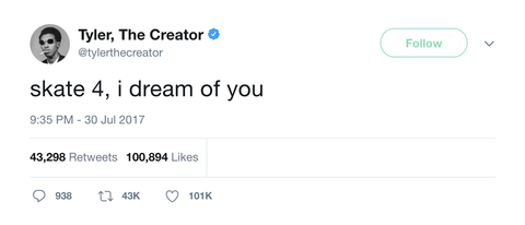 Tyler The Creator Skate 4 I dream of you tweet from Tee Tweets