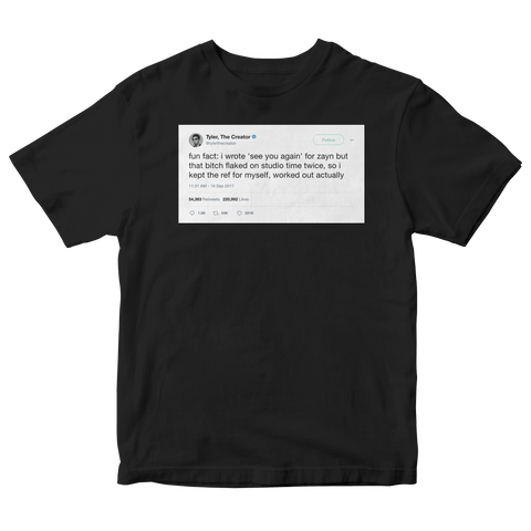 Tyler The Creator wrote See You Again for Zayn tweet on a black t-shirt from Tee Tweets
